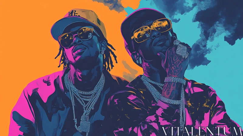 Chromatic vector portrait of dual hip-hop figures in neon light.