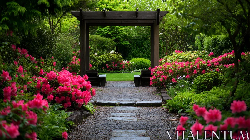 Garden path leads to wooden pergola with pink azaleas