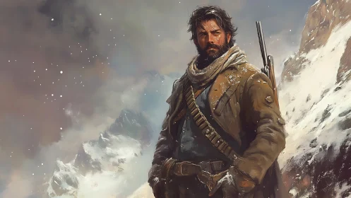 Grizzled mountain hunter stands resolute in a snowy pass.