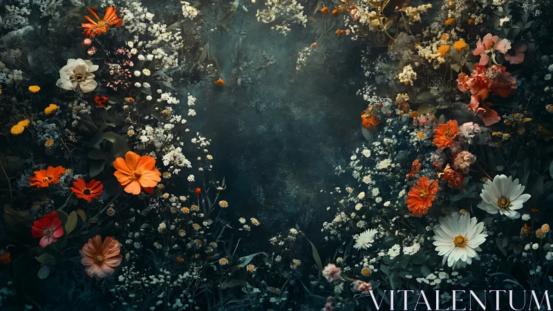 Dark Floral Garden with Orange and White Blooms.
