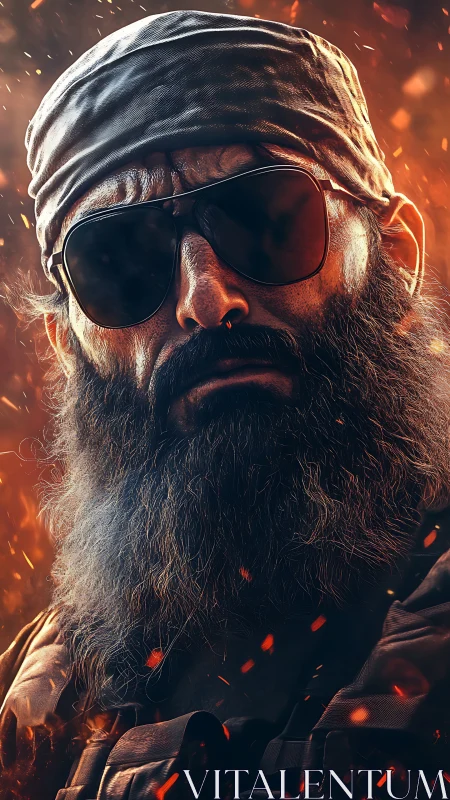 Battle-hardened soldier stares through embers and rising heat