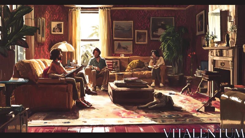 Cozy sunlit living room where friends unwind together.