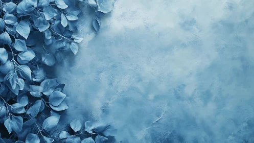 Monochrome blue foliage framing textured abstract background.