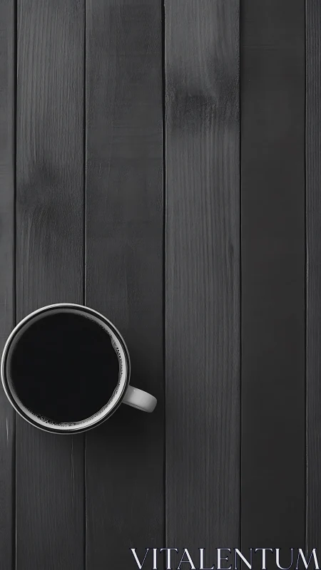 White mug of black coffee on dark vertical wooden planks.