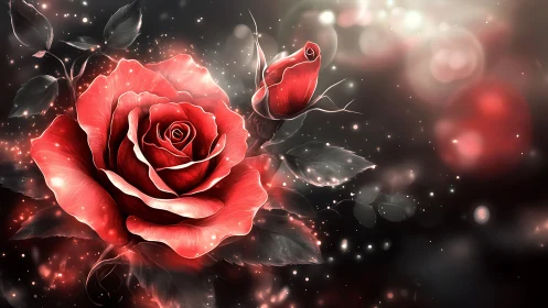 Red rose rendered with luminous particle effects and botanical elements.