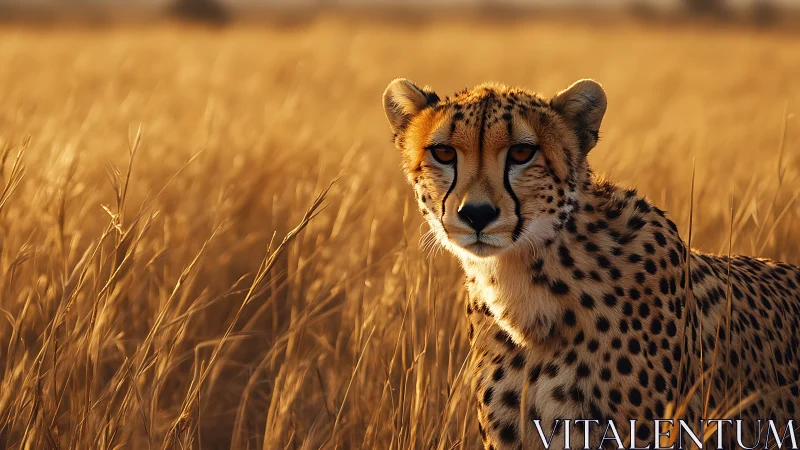 Cheetah standing alert in tall golden savanna grassland.