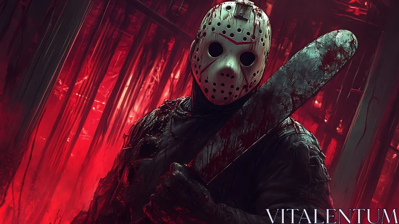 Hockey mask brute carves silence from a bleeding red void