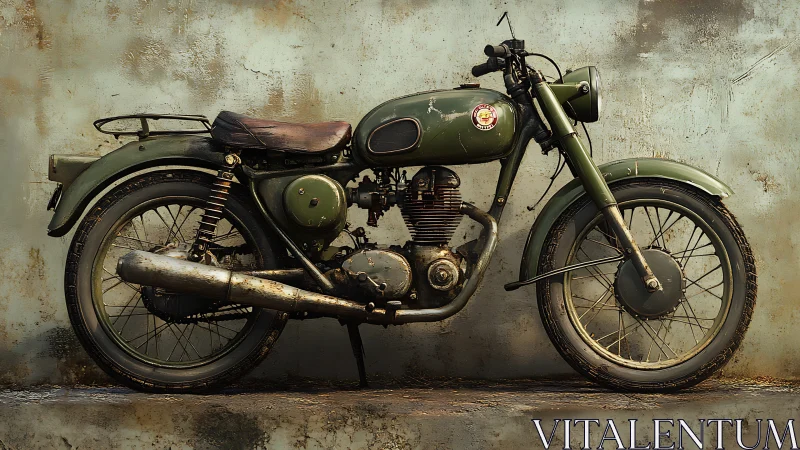 Weathered olive green vintage single-cylinder motorcycle profile