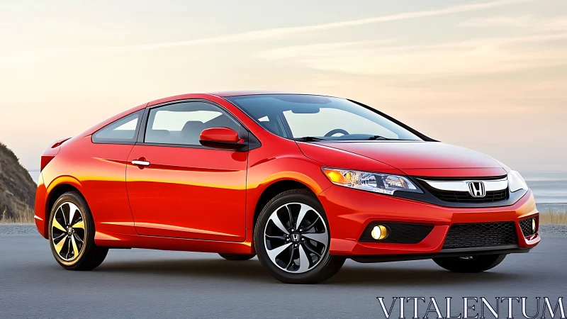 Red sport coupe glows under soft coastal sunset sky.
