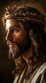 Photorealistic bearded man in profile with ornate thorn crown