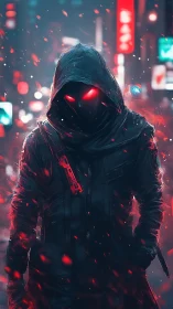 Neon-eyed hooded phantom stalking through ember-lit citynight.