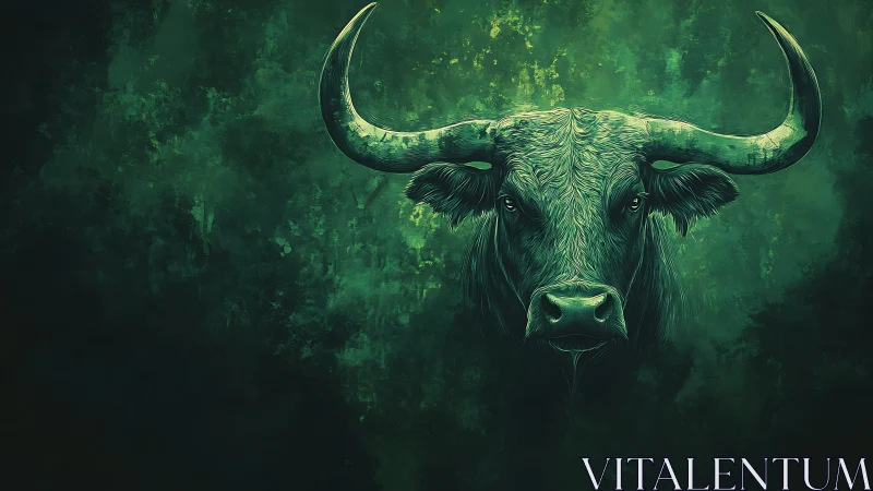 Emerald bull portrait emerging from textured abstract void.
