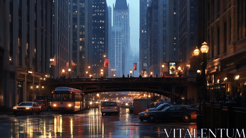 Rain-soaked downtown street under bridge and city lights.