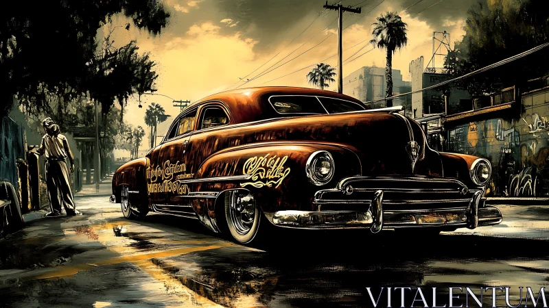 Sunset lowrider prowls a graffiti-soaked urban boulevard.