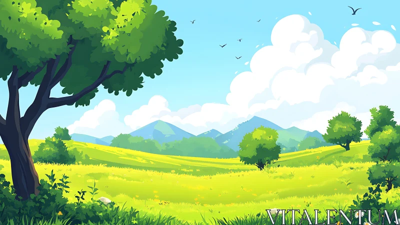 Sunlit meadow drifts beneath cloudcast mountainscape daydream.