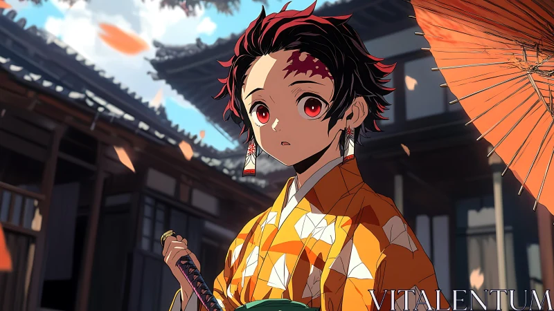 Anime swordsman in patterned kimono under parasol in courtyard.