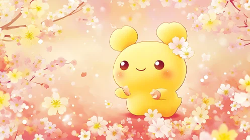Blossom-bright chibi critter dancing in pastel sakura haze.
