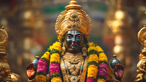 Gilded deity crowned in marigolds and mystic temple glow.