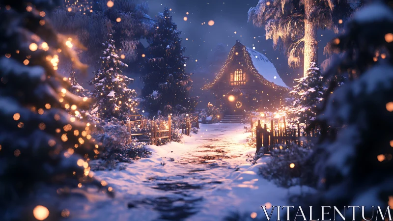 Snow covered cottage pathway with warm festive lighting at night