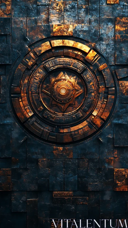 Radial copper sigil embedded in oxidized steel wall.