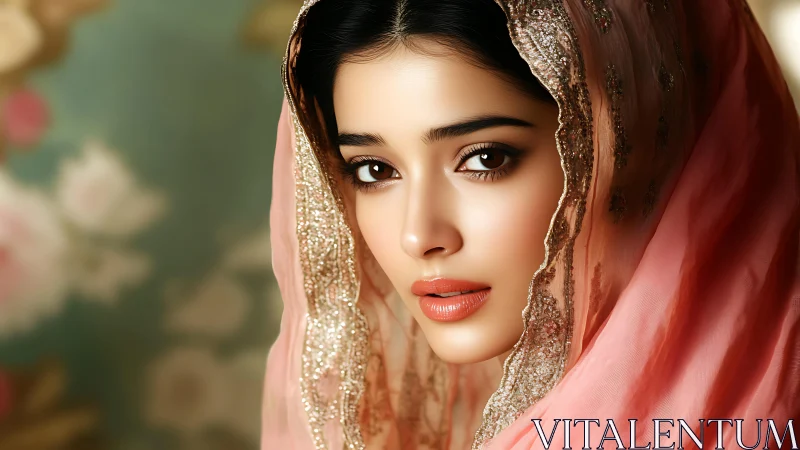 Soft gaze beneath a shimmering rose-gold silk veil.