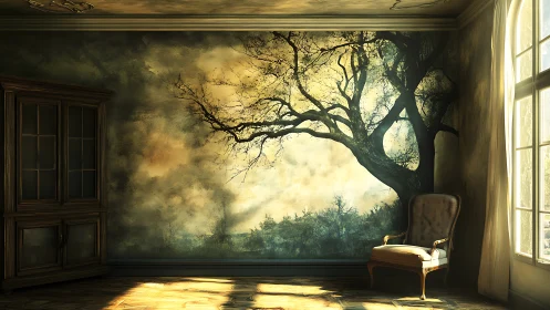 Sunlit interior with dramatic tree mural dominates wall