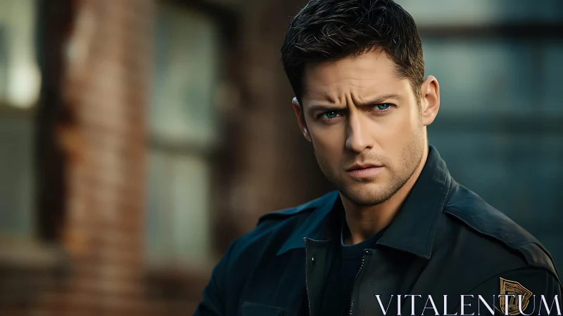Steady gaze of a focused officer in a quiet brick-lined street