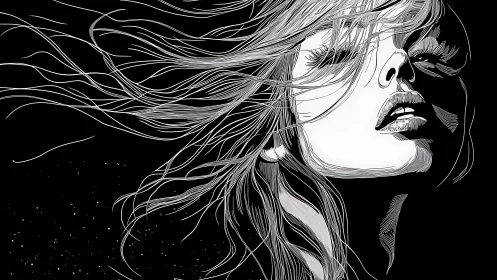 High contrast vector portrait with windblown flowing hair study