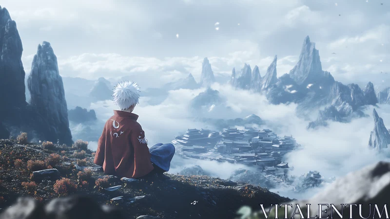 Solitary wanderer overlooking misty mountain cityscape.