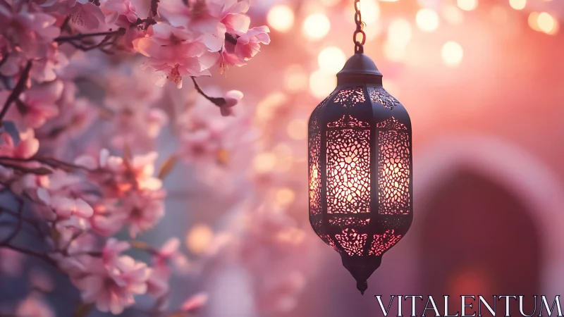Perforated metal lantern glows beside soft-focus cherry blossoms