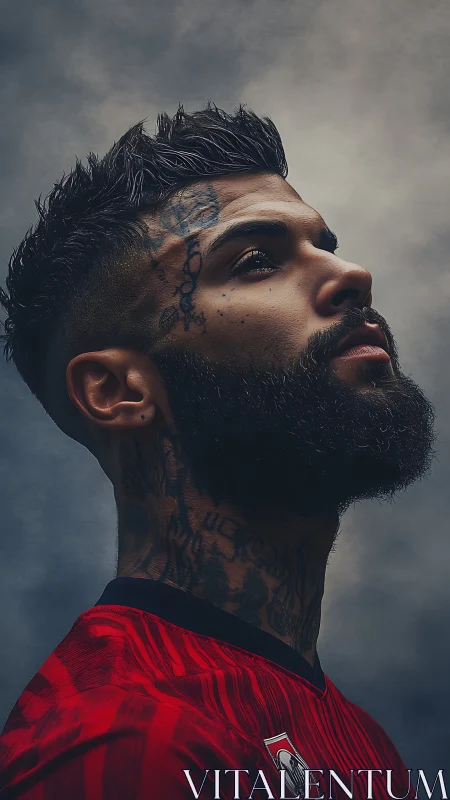 Strong profile portrait of tattooed man in red jersey.