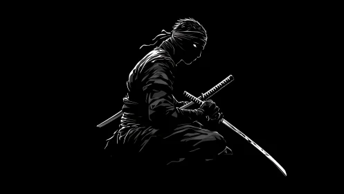 Silent steel breathes while the kneeling ninja counts heartbeats