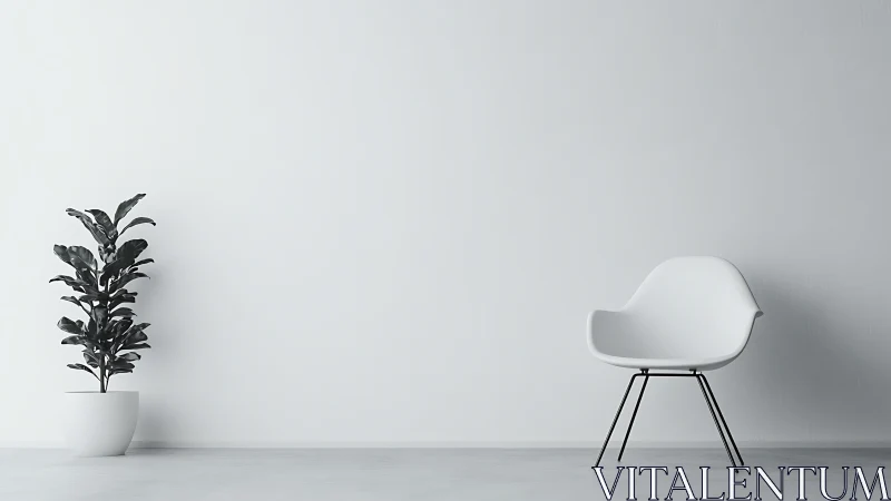 Quiet white corner where lone chair meets potted green calm.
