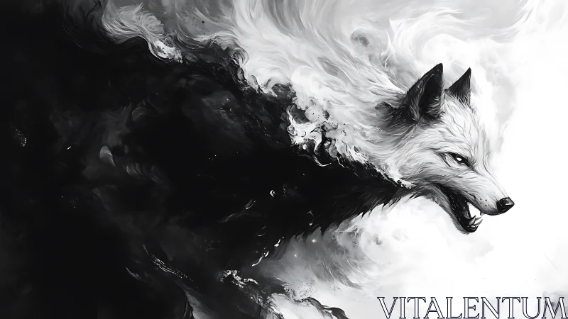 Monochrome spectral fox emerges from fluid ink vortices