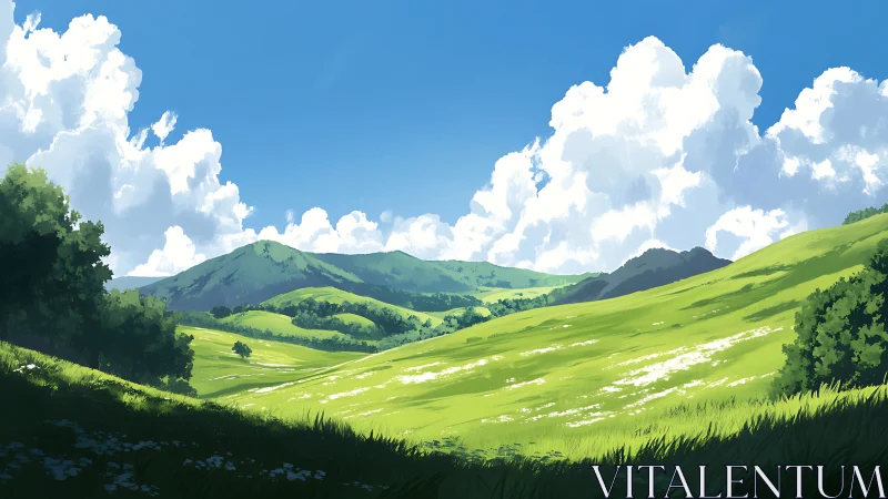 Sunlit green hills rolling beneath a sky of soft clouds.