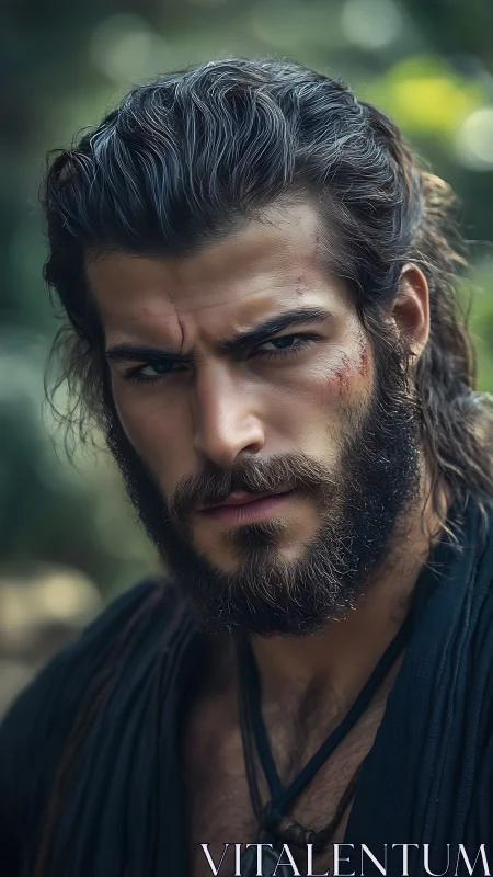 Bearded man with facial scars stares intensely at camera