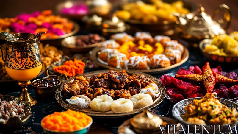 Rich festive feast with colorful sweets and grilled meats.