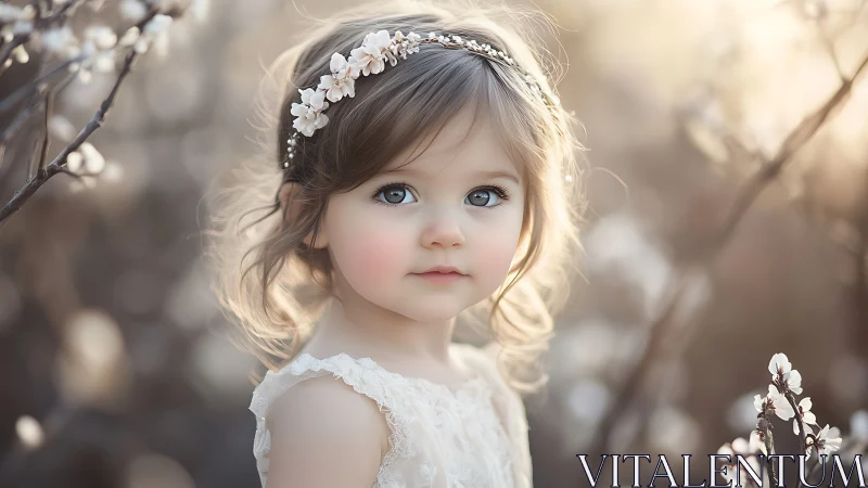 Young girl with floral crown in spring blossoms.