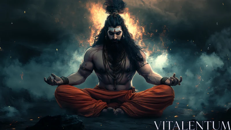 Fire-crowned yogi holds unshakable focus within storm.