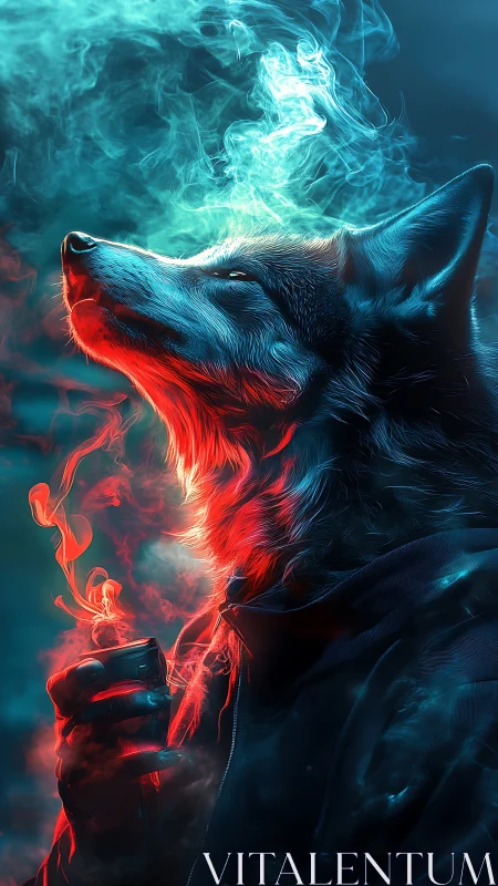 Anthropomorphic wolf in neon smoke holding vape device.