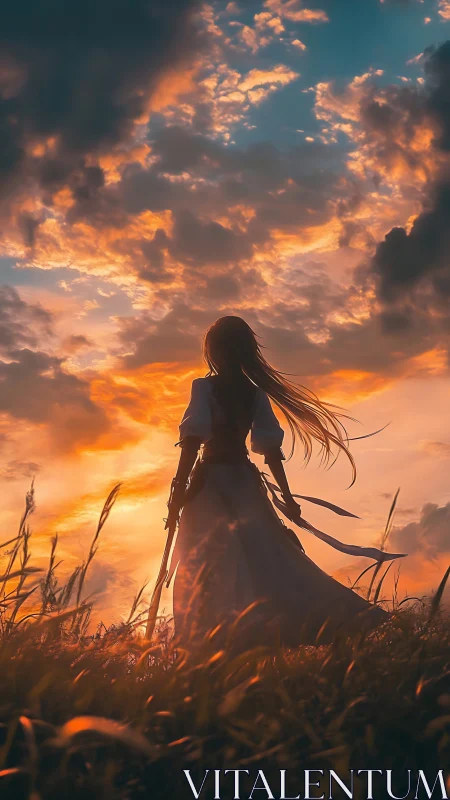 Sword-bearing girl silhouette under blazing sunset sky.