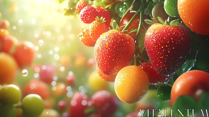 Sunlit strawberry orchard glows with dewy jewel-bright fruit.