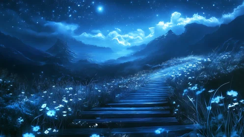 Midnight starlit path gently winds through glowing blue valley