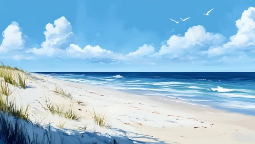 Coastal shoreline is shown with dunes, surf, and clouds