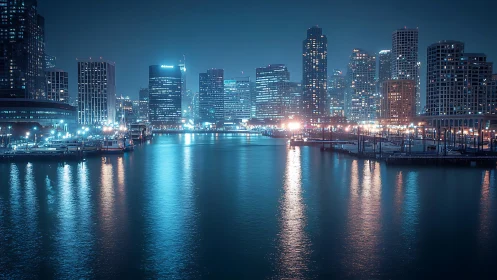 Night city skyline reflects brightly on calm harbor water
