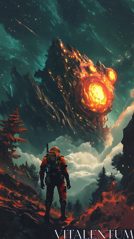 Lone astronaut observes molten cosmic monolith over forest.