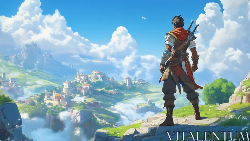 Armored traveler overlooking expansive fantasy valley landscape.