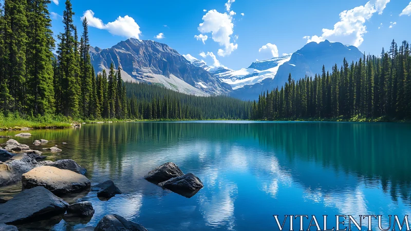 Alpine lake mirrors snowy peaks in a calm mountain morning.