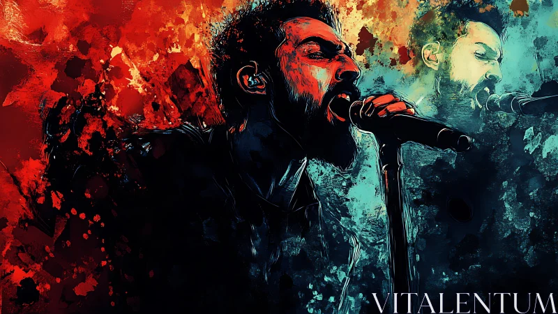 Dual portrait of rock vocalist in abstract red cyan splashes