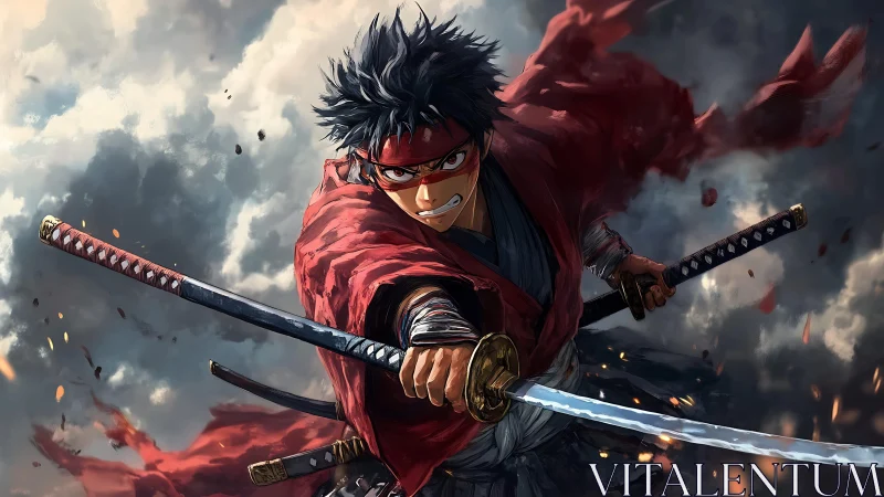 Dynamic anime swordsman lunges forward with twin katanas drawn